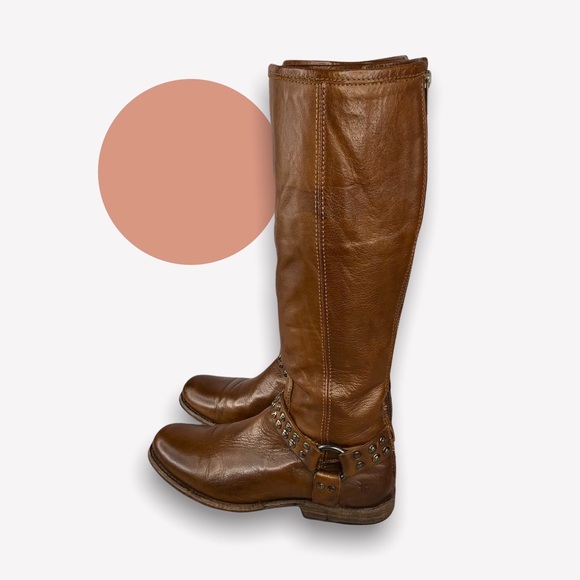 FRYE Phillip Studded Harness Tall Boot Soft Brown, Size 8 - Picture 10 of 16